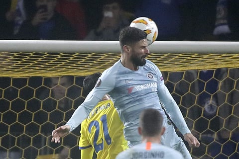 Chelsea's Oliver Giroud heads the ball during the Europa League match between Bate and Chelsea | AP