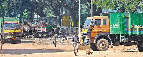 Unused garbage trucks parked at Bannappa Park block the playground area Pushkar V