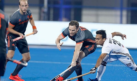 The Dutch, who are eyeing a fourth World Cup title, turned out to be too hot for Malaysia to handle as they toyed with the opposition defence. (Photo | Twitter/Hockey India)