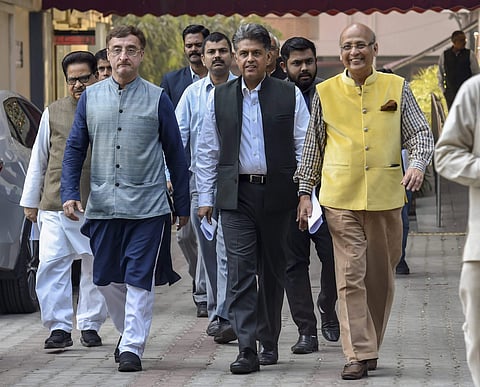 Congress leaders Abhishek Manu Singhvi Manish Tiwari PL Punia and others leave after meeting Election Commission. (Photo| PTI)