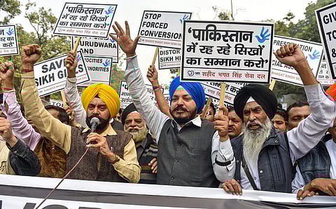 New Delhi Activists of Shaheed Bhagat Singh Sewa Dal protest against Government of Pakistan on International Human Rights Day at Teen Murti in New Delhi Monday Dec. 10 2018. (Photo | PTI)