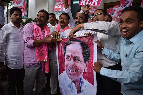 Happy TRS supporters celebrate at Hyderabad (Photo | EPS/Satish Babu)