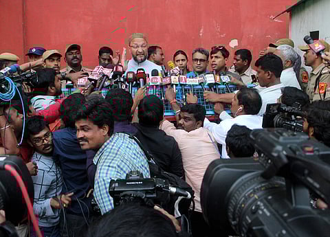Asaduddin Owaisi President of AIMIM addressing the press in fornt of CM Camp Office in Hyderabad on Monday (Photo | EPS/S Senbagapandiyan)