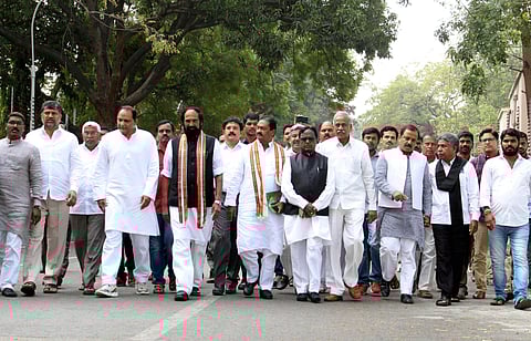 N Uttam Kumar Reddy, TPCC President Prof Kodandaram with other Prajakutami leaders coming out after meeting Governor ESL Narasimhan at Raj Bhavan in Hyderabad (Photo | EPS/Sathya Keerthi)