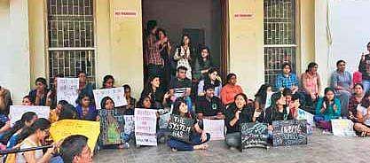 Students of TISS Hyderabad hold placards in protest of the closure of hostels and scrapping of the BA Social Science programme. Classes had resumed on December 3, but the administration has not commented on the issue yet | EPS