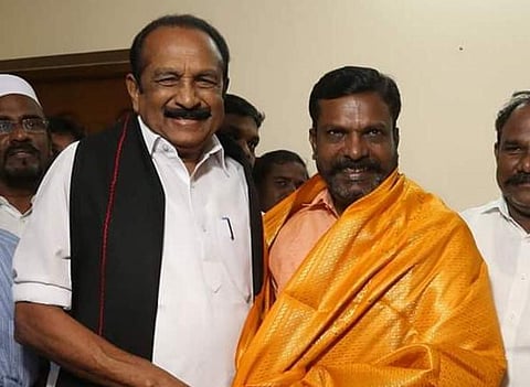 VCK chief Think Thirumavalavan met MDMK general secretary Vaiko at his Anna Nagar residence amidst recent spat (Photo | EPS)