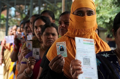 Women standing in queue to cast vote for assembly election at Medchal in Hyderabad (Photo | EPS/ S Senbagapandiyan)
