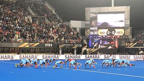Indian players warm-up before start of play. (Photo | Twitter/HockeyIndia)