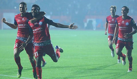 Jamshedpur F.C. completed the comeback after the break with a 61st-minute match-winner from Farukh Choudhary. (Photo | Twitter/JamshedpurFC)