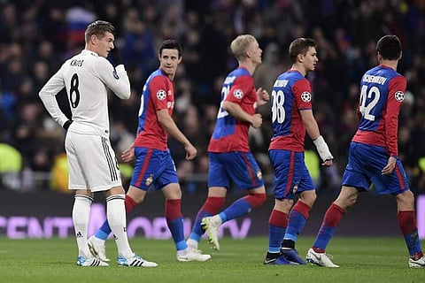 Real Madrid's Toni Kroos looks on as CSKA Moscow players celebrating their third goal during the UEFA Champions League group G match at the Santiago Bernabeu stadium (Photo | AFP)
