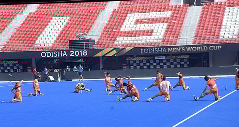 Indian hockey team during one of their practice sessions at the Kalinga Stadium in Bhubaneswar on Tuesday (Photo | EPS/Biswanath Swain)