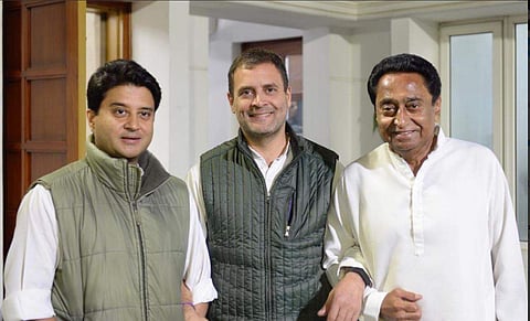 Rahul Gandhi with  Jyotiraditya Scindia and Kamal Nath (Photo | Twitter@ Rahul Gandhi)