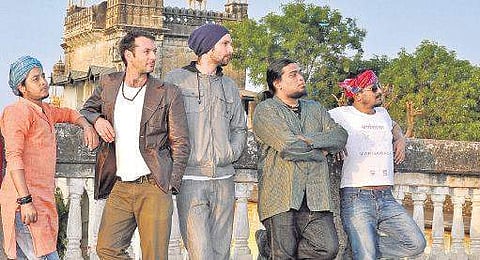 Members of The Three Seas: (from left) Raju Das Baul - vocals, khamak; Matt Keegan - saxophone; Steve Elphick - bass; Gaurab Chatterjee - dubki, drums; Deaoashish Mothey - vocals, guitar, dotora