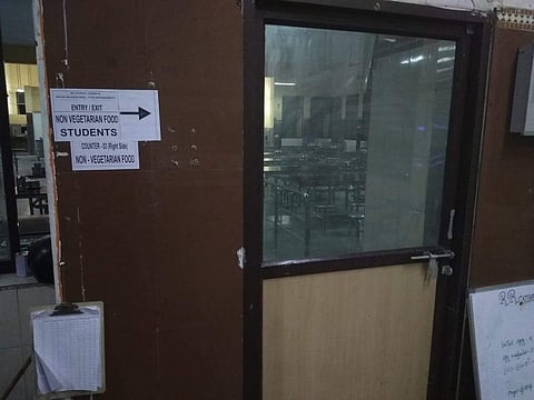 A sign indicating entry/exit points for non-vegetarians and vegetarians in IIT-Madras. (Photo | APSC Facebook page)