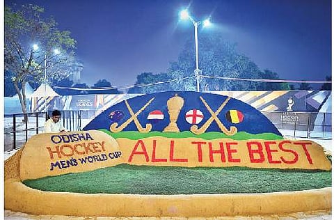 The sand art by Sudarsan Patnaik and team wishing the semifinalists being given final touches