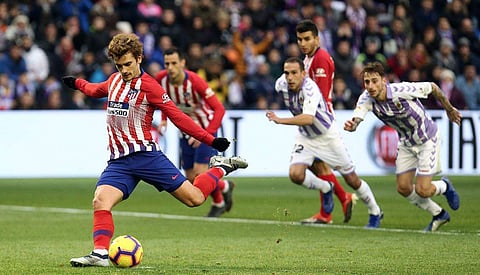 Atletico Madrid's Antoine Griezmann scores one from the spot against Valladolid (Photo | Twitter @atletienglish)