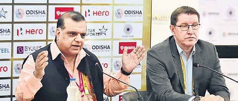 FIH chief Narinder Batra (left) & CEO Thierry Weil addressing the media | Biswanath Swain