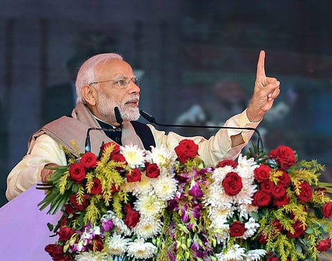 Rae Bareli Prime Minister Narendra Modi addresses a gathering in Rae Bareli Sunday Dec.16 2018. PIB Photo via