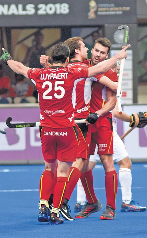 Belgium players celebrate a goal against England at Kalinga Stadium in Bhubaneswar on Saturday | Biswanath Swain
