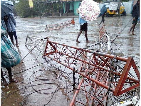 Electric poles uprooted in East Godavari due to Cyclone Phethai. ( Photo |  EPS)