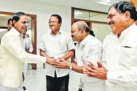 MLAs and MLCs greet Chief Minister K Chandrasekhar Rao at Pragathi Bhavan, in Hyderabad on Sunday | Express