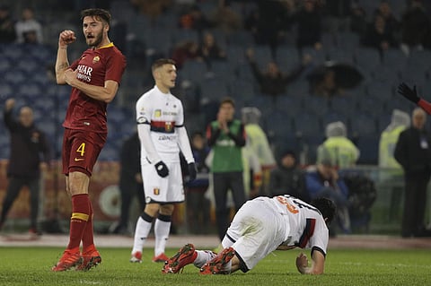 Roma's Bryan Cristante, left, celebrates after scoring during the Italian Serie A soccer match between Roma and Genoa in Rome's Olympic stadium, Sunday, Dec. 16, 2018. | AP