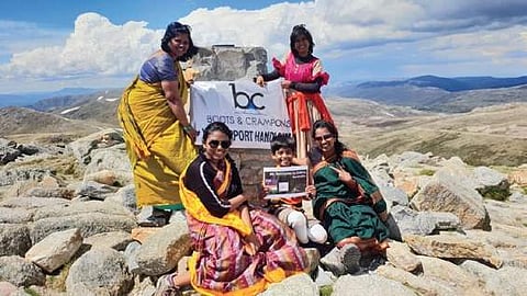 Wearing traditional handloom clothes, five mountaineers from Telangana pose after scaling the highest mountain peak in Australia | Express