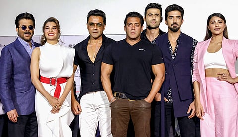 Bollywood actors Anil Kapoor, Jacqueline Fernandez, Bobby Deol, Salman Khan, Saqib Saleem and Daisy Shah at 'Race 3' promotional event in Mumbai. (File | PTI)