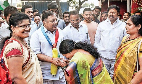 Congress candidate Kasani Gnaneshwar during an election campaign at Ram Nagar in Hyderabad on Saturday | Vinay Madapu