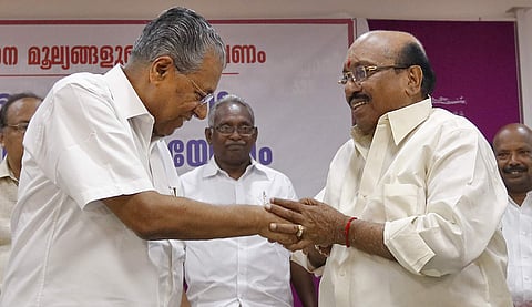 SNDP Yogam general secretary Vellappally Natesan greets Chief Minister Pinarayi Vijayan during a meeting of Hindu organizations in Thiruvananthapuram | EPS