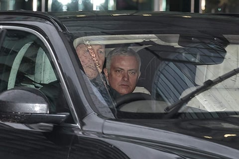 Manchester United former manager Jose Mourinho leaves the Lowry Hotel in Manchester, England, Tuesday, Dec. 18, 2018. | AP