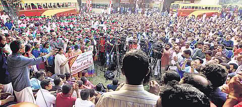Sacked empanelled conductors from across the state gathered at the Alappuzha KSRTC bus station as part of the long march on Wednesday | Express