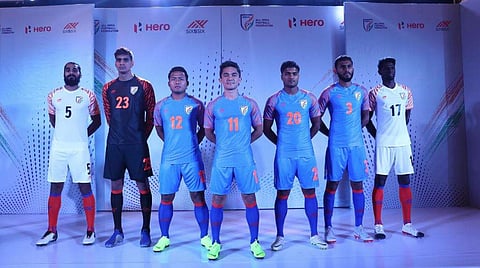 Indian football players during the new skin reveal programme ahead of the AFC Asian Cup 2019 (Twitter/Indian Football Team)