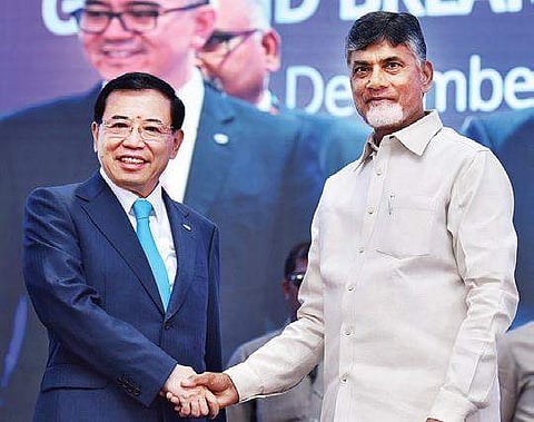 TCL chairman Li Dongsheng and Chief Minister N Chandrababu Naidu during the  groundbreaking ceremony of TCL in Chittoor district on Thursday I Express