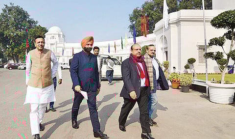 Delhi BJP MLAs Jagdish Pradhan, Manjinder Singh Sirsa, Vijendra Gupta and Om Prakash Sharma arrive for the Legislative Assembly Session at the Delhi Vidhan Sabha in New Delhi on 20 December 2018. | Naveen Kumar