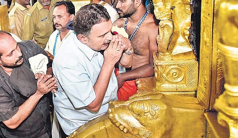 K Muralidharan MLA prayers in front of Sreekovil at Sabarimala Lord Ayyappa temple on Friday | SHAJI VETTIPURAM