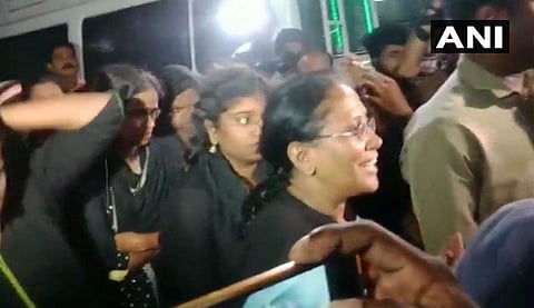 Group of women devotees reached Pampa base camp in the early morning hours to trek to SabarimalaTemple. (Photo | Twitter/ANI)