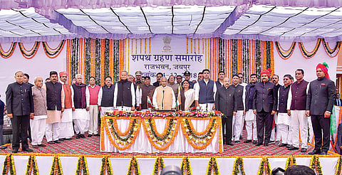 Newly sworn-in cabinet ministers with Governor Kalyan Singh, CM Ashok Gehlot and Deputy CM Sachin Pilot  in Jaipur on Monday | PTI