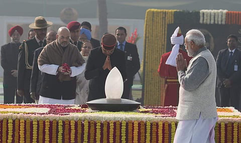 President Ram Nath Kovind, Prime minister Narendra Modi, Vice president V Naidu and BJP president Amit shah pay tributes to Late PM Atal Bihari Vajpai on his birth anniversary at Atal Smriti Nyas in New Delhi on Tuesday.  (Photo | Shekhar Yadav/EPS)
