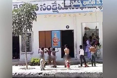 Six students of Chaitanya Bharati English Medium School in Nanasahebpet area were forced to strip.