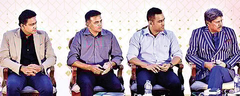 (L-R) Anil Kumble, Rahul Dravid, MS Dhoni and Kapil Dev during the launch of coffee-table  book Defying The Paradigm by India Cements in Chennai on Friday | D SAMPATHKUMAR