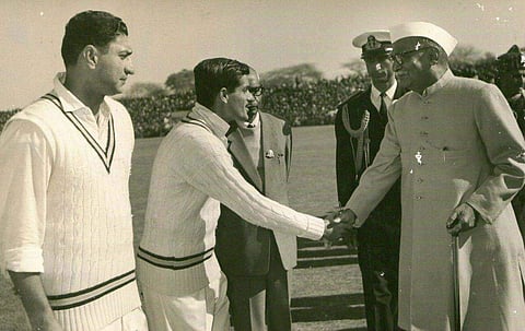 First President of India, Dr Rajendra Prasad is seen shaking hands with Narendra Prasad of the Indian team. The fifth Test match between India and Pakistan at New Delhi. (File | EPS)