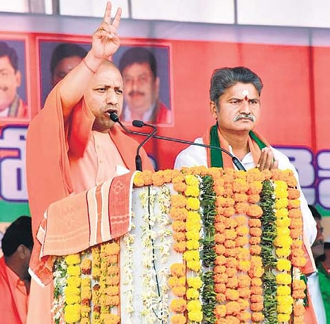 Yogi Adityanath speaking at a public meeting in Sangareddy | Express