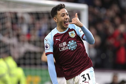 Burnley's Dwight McNeil celebrates scoring his side's second goal of the game against West Ham United (Photo | AP)