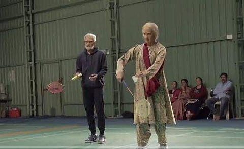 Indian badminton stars Kidambi Srikanth and Ashwini Ponnappa disguised as elderly people. (Photo | Star Sports video screen grab)