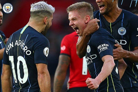 Manchester City's Sergio Aguero (L) celebrates scoring against Southampton with his teammates (Photo | Twitter/Manchester City)