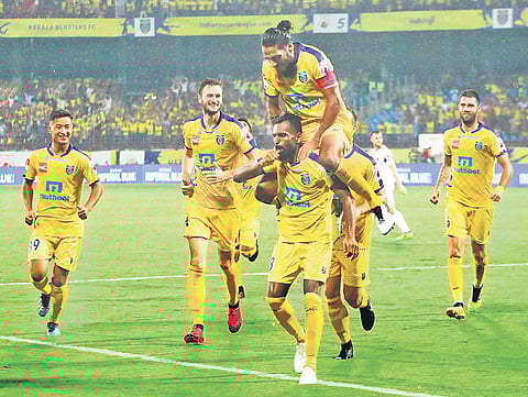 Kerala Blasters’ CK Vineeth celebrates his goal versus Delhi Dynamos in Kochi on Saturday (File Photo | EPS/Melton Antony)