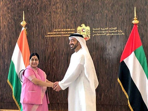 Sushma Swaraj and Abdullah bin Zayed. (Photo | Twitter/@RaveeshKumar)