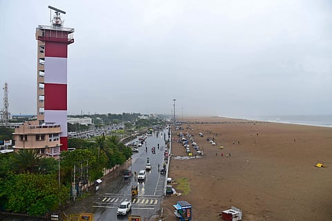 Marina beach wears a deserted look on Wednesday due to rain. (Photo | Express/Martin Louis)