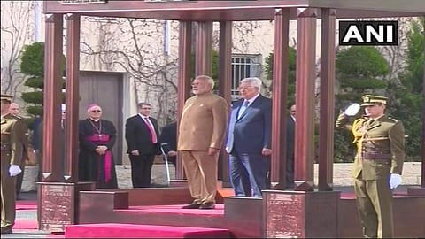 Modi, the first Indian prime minister to visit Ramallah, arrived here on the first leg of his three-nation tour. | ANI Twitter